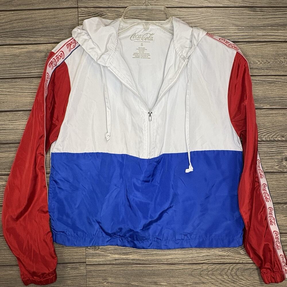 Coca Cola Windbreaker Red White Blue 1/2 Zip Lightweight Hooded Jacket Size S